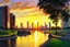 Placeholder: sunset, buildings, lake, rocks, city, park, trees, cyberpunk, sci-fi, claude monet impressionism paintings