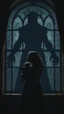 Placeholder: create a sad woman holding her baby protecting him from a big shadow of unknown creature standing behind a big window in the dark a woman is from the royal treasury in dark shades (brown, blue)