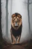 Placeholder: A lion seen from the front in a very foggy and thick very foggy forest