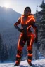 Placeholder: full body portrait of a beautiful girl, wearing glowing orange armor, futuristic armor, relaxed standing posture, nice smile, snowy mountain background, snow, fur cloak, full body, night time, christmas lighting, 4k, unreal engine 5