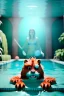 Placeholder: Realistic pool scene. big furry monster into water. Wes Anderson style. Red hair, smile, happy, gradient color fog. highly detailed, concept art, unreal engine 5, ray tracing, RTX, lumen lighting, ultra detail, volumetric lighting, 3d, finely drawn, high definition, high resolution.