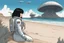 Placeholder: Slim woman with black hair in a space suit, looking out over a sandy beach next to a sea, with flying mushrooms with tentacles.