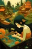 Placeholder: Victo Ngai, Pavel Tchelitchew, Surreal, mysterious, strange, fantastical, fantasy, Sci-fi, Japanese anime, neo-metabolism architecture, future history, creating machine, tapestry making beauty girl, hyper detailed masterpiece depth of field, cinematic lighting