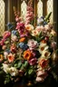 Placeholder: A sumptuous floral arrangement of the 1580s Dutch style, masterfully captured in an oil painting by a renowned artist of the medieval period. Opulent and refined, this stunning work of art features intricate details illuminated by the gentle rays of daylight streaming through stained interior walls. The flowers bloom with vivid colors, intricate textures, and a sense of timeless elegance, drawing viewers into a world of beauty and sophistication.