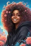 Placeholder: vibrant psychedelic urban culture image, airbrush, 48k, cartoon art image of a black curvy female looking to the side smiling with a large mane of curly ombre hair flowing through the wind while she has a black hoodie on, prominent makeup with hazel eyes, highly detailed hair, background peach and light blue flowers surrounding her, dystopian