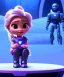 Placeholder: little girl sitting inside a big robot suit, white and purple