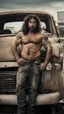 Placeholder: photography of a dirty burly beefy gipsy manly man serious repairing a car, , 36 years old, beefy, ugly , dirty curly hair, sweat, tattoo, with completely broken cotton pants, bulge, beard , angry eyes, bare-chested, huge belly, in industrial area, photorealistic, side light, view angle from low , ambient occlusion