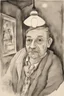 Placeholder: man with a turned-on spotlight for a head; ink wash; Hundertwasser; Cezanne; Gauguin.