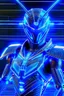 Placeholder: neon blue, flying parts of armor in form of triangles, cyber armor, geometric patterns on armor, male, orbiting triangle