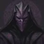 Placeholder: warlock, black mask with ash purple patterns, black robe with ash purple patterns, dark, ominous, ash purple, grey background