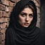 Placeholder: Hyper Realistic Young-Beautiful-Pashto-Women-With-Beautiful-Eyes in black shawl peeking-half-faced from a cracked-brick-wall at night with dramatic & cinematic ambiance