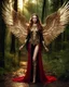 Placeholder: Photography full body A Length image of very beautiful Super model Russian Woman,long hair red as an Beautiful Archangel with wings made from metal craft,dressing luxurious gown golden and black color armor filigree combination fully crystals diamonds stone,luxury boots shoes,in magical night forest full of lamps Background