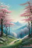 Placeholder: The artwork depicts a tranquil forest scene with blossoming trees, winding pathways, and distant mountains. Amidst this serene setting, a figure stands at the forest's edge, gazing longingly towards the horizon. A single cherry blossom floats in the air, symbolizing the fleeting nature of life. The artwork evokes a sense of escapism and invites viewers to find solace in the beauty of imagination amidst life's challenges.