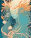 Placeholder: beautiful cute front portrait of an elvish deity, long hair in motion, herbs and blue pastel colors, flowers orange by victo ngai, kilian eng, dynamic lighting, digital art, art by james jean, takato yamamoto, inkpunk minimalism, floating medusa background