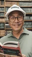 Placeholder: A man wearing a white Dad Hat, glasses, and reading