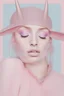 Placeholder: fine-art, photography of a half woman, half goat, a eyes Closed by stitches horn like a goat, in the style of glitter pastels, surgical, stitches on mouth, light-pink, ceramic face