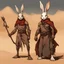 Placeholder: harengon-desert rabbit humanoid,rugged desert artificer-rune carver, eyepatch-bandage, staff with bone end, red-brown cloak, black skin, thematic tone wash, characteristic comic style