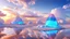 Placeholder: Spaceship high in sky, transparent, white lights bright and pastel bright gloss effect of a dream subtle, light , natural shapes concept, large transparent view of the open outdoor beach sea, crystals,light of sun, hibiscus flowers, tropical flowers,