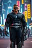Placeholder: A giant, muscular man with extra-short, crew cut, black hair, blue eyes, short, trimmed goatee, standing stoically on the street in the neon lit, futuristic City of Xanadu prime, wearing a long-sleeved, highly textured, black body suit with gray piping that forms to his muscular frame, he has a silver lightning belt, silver wrist gauntlets, silver, knee-high boots, gray cape, he has the symbol of Xanadu Prime on his chest, and a thin black leather bandit eye mask