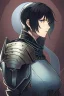 Placeholder: Motoko Kusanagi from "Ghost In The Shell (1995)", clad in medieval stell plate armour, melancholic, alone, big blue eyes, perfect, beautiful, black hair