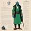 Placeholder: monster concept sheet with AD&D statistics and characteristics [art by David Hockney] Gangster-turned-Monk
