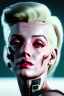 Placeholder: Ultra Realistic image, portrait, blonde woman, sweet Marylin Monroe face, perfect iris, glow eyes, makeup. Cyberpunk style, oversized transparent latex coat, yakuza tattoos. fog, rain, soft color, highly detailed, unreal engine 5, ray tracing, RTX, lumen lighting, ultra detail, volumetric lighting, 3d, finely drawn, high definition, high resolution.