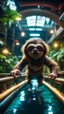 Placeholder: fish-eye photo of furry hairy pimp rocker alien gremlin sloth indian on bridge over water slide magically levitating in dark lit reflective wet jungle hall hotel tunnel, in the style of fallout 4 game,bokeh like f/0.8, tilt-shift lens 8k, high detail, smooth render, down-light, unreal engine, prize winning