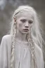 Placeholder: Emotive photographic image - stunningly beautiful, 15 year old albino girl chechen facial features anorexic. sickly, pale skin. blotches on skin. wild, very long, floor length, wavy wispy ghostly white hair in messy braids. ghostly white eyebrows and ghostly white eyelashes. lovely face, sculpted cheeks. beautiful, succulent, pale lips. barefooted. cinematic dynamic masterpiece, hyper realistic film still, beautifully detailed, soft lighting, ethereal, sparkle, beautifully lit, dramatic lighting