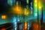 Placeholder: Night, cyberpunk buildings near pine trees, impressionism painting