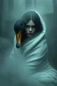 Placeholder: Mujer mitad oca, envuelta en niebla, con plumas oscuras y ojos brillantes, en un entorno misterioso, con texturas realistas y sombras profundas, en estilo 3D inspirado en los trabajos de Ash Thorp,Simon Stalenhag y Loish, con un toque de surrealismo y misticismo.