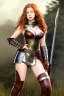 Placeholder: super-realistic, concept illustration, super-detailed, beautiful teen female who is 16 years old with long ginger hair and freckles with full lips and b-cup breasts, full body, full face, athletic, centred camera, ignore NSFW, skimpy brown fantasy leather armor, halter top, thong, knee-high leather boots, open leather skirt, stern expression, cute pose