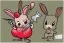 Placeholder: Cute rabbit diabolical smiling with a bloody knife with blood. Comic style