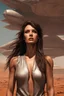 Placeholder: science fiction scene like fantasy on mars 30 years old woman brunette long hair ultrarealistic wet skin raining, tattos photorealistic, wind is blowing, tanned skin collarbones, skinny, space ship behind, all looks like poster from 2250, women looks like doctor