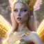 Placeholder: beautiful fairy very etheric, nice smiling, long blond hair, magic glamour pink make up, delicate colors, complete vision of very transparent golden and big wings, beautiful glamour transparent golden dress, ultra sharp focus, 8k, unreal engine 5, extremely sharp detail, light effect, soft light atmosphere, smooth, full of details, face in front, complete vision of face and hair and of the body