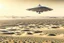 Placeholder: spaceship flying low over a desert city