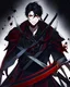 Placeholder: Boy holding a sword with a look of murderous intent, black hair and red eyes, Wears a stealthy outfit, he has a symbol with the letter Z in the middle on his clothes, his hair is short, on his sword there was blood, black background reminiscent of a nightmare