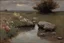 Placeholder: grey sky with one planet in the horizon, rocks, mountains, puddle, flowers, spring, epic, alfred stevens and philipp franck impressionism paintings