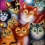 Placeholder: prompt, Fantasy harlequin cats by Louis Wain, by Catherine Abel, by Gediminas Pranckevicius, fantasy, oil on canvas, beautiful, high details, ultra detailed, crisp quality, colourful, high definition