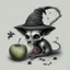 Placeholder: Realistic drawing of a Skull with a Witch hat, Skull has ghost eyes and is eating from a poison apple. Rat walks behind the skull.