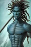 Placeholder: A young male water genasi with deep blue skin color, water shape like dreads on head. Shaolin monk with long stick weapon