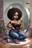 Placeholder: Create a furturism magna art of a black chibi curvy female sitting on the floor looking at herself in a hand mirror. She is wearing tight blue jeans and a black off the shoulder blouse. Prominent make up with lush lashes. Highly detailed tight curly afro. She is also wearing silver large hoop earringsart of a black chibi curvy female sitting on the floor looking at her cell phone. She is wearing tight blue jeans and a black off the shoulder blouse. Prominent make up with lush lashes.