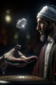 Placeholder: diamond levitating between a magicians hand, arab clothing, rockstar portrait, photo-realistic, shot on Hasselblad h6d-400c, zeiss prime lens, bokeh like f/0.8, tilt-shift lens 8k, high detail, smooth render, down-light, unreal engine 5, cinema 4d, HDR, dust effect,, smoke