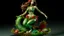 Placeholder: It creates the image of a mermaid with a round belly and swollen hips, holding a bowl full of colorful seafood and vegetables. She wears a seductive green tail, with seashells and corals attached, and a scallop shell bikini top. Her long, flowing hair is dyed shades of seaweed green and her lips are painted a bright red. Her gleaming green scales shine in the light,