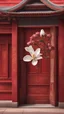 Placeholder: 3D photographic image, beautiful magnolia flower foreground close-up, Chinese Forbidden City style ancient building red wall, ancient wooden doors and windows background, beautiful phantom, foreground, background highly delicate, clear, 8k, grand prize photography.