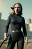 Placeholder: retro portrait image from 1960, Moscow background, wind, long hair, fighting stance, sweet young Scarlett Johansson, classic black tight lycra suit, metal stick weapon, gold bracelet and belt, high heel boots, soft color, highly detailed, unreal engine 5, ray tracing, RTX, lumen lighting, ultra detail, volumetric lighting, 3d, finely drawn, high definition, high resolution.