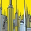 Placeholder: A light yellow metropolis with electrical towers painted by Roy Lichtenstein