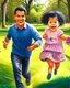 Placeholder: Papá alegre con sus bebes niño y niña jugando y corriendo en el parque felíz cuerpo completo colores complementarios obra de arte pintura al óleo impactante detallado ojos marrones pelo negro hiperrealista 8k coherente niño papá