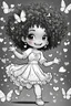 Placeholder: create a coloring page of a chibi girl with a curly afro ponytails dancing around hearts and butterflies. she smiles while shes playing with her kitten, black and white