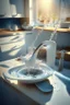 Placeholder: in focus, a jet of water flows into a spoon and splashes everywhere in a sink tray with plates of foamy water in the bottom in a modern kitchen in sunshine