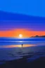 Placeholder: Picture a serene beach scene with an expansive ocean stretching out into the horizon. The sky is a canvas of purple blending from shades of deep blue near the top to soft purples and oranges where the sun is setting. The sun is a glowing ball, nearly touching the horizon, casting a warm, purple hue across the sky. In the foreground, two Big silhouetted figures are standing on the Beach their shadows elongating towards the shoreline as the sun dips lower. They're facing the sunset